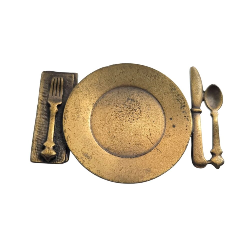 Vintage JJ 1988 Brass Dinner Plate Brooch With Utensils